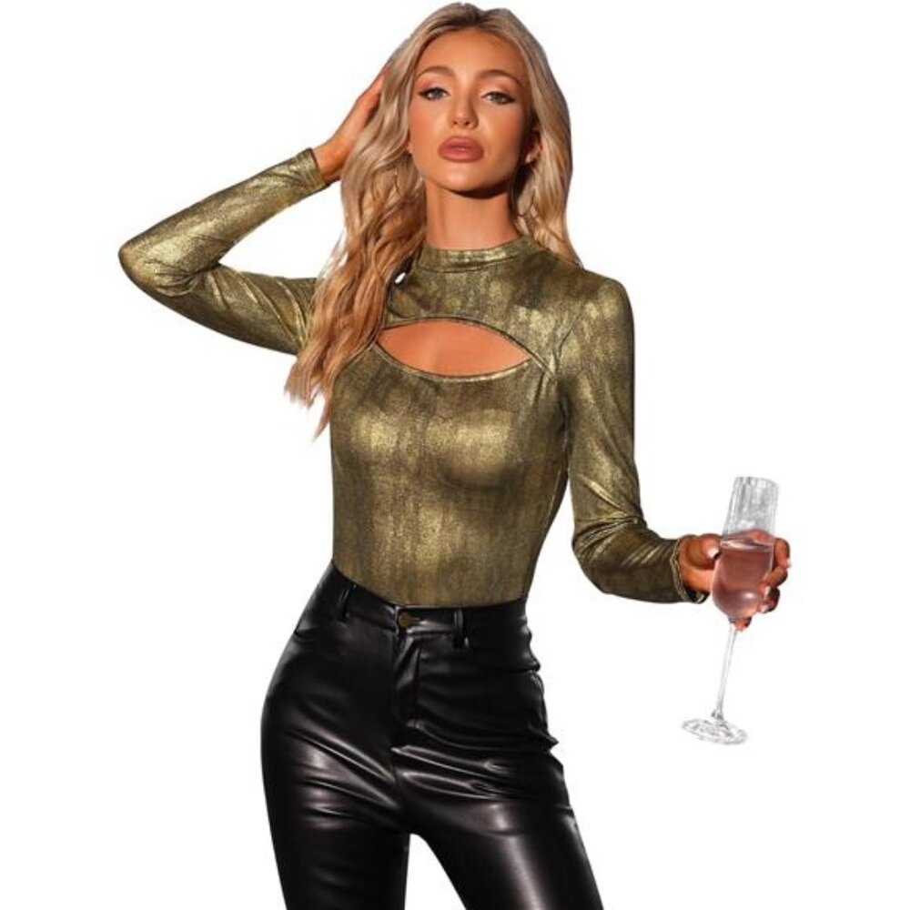 Women's Glitter Cutout Mock Neck Long Sleeve Party Top - Sparkle, Slim Fit